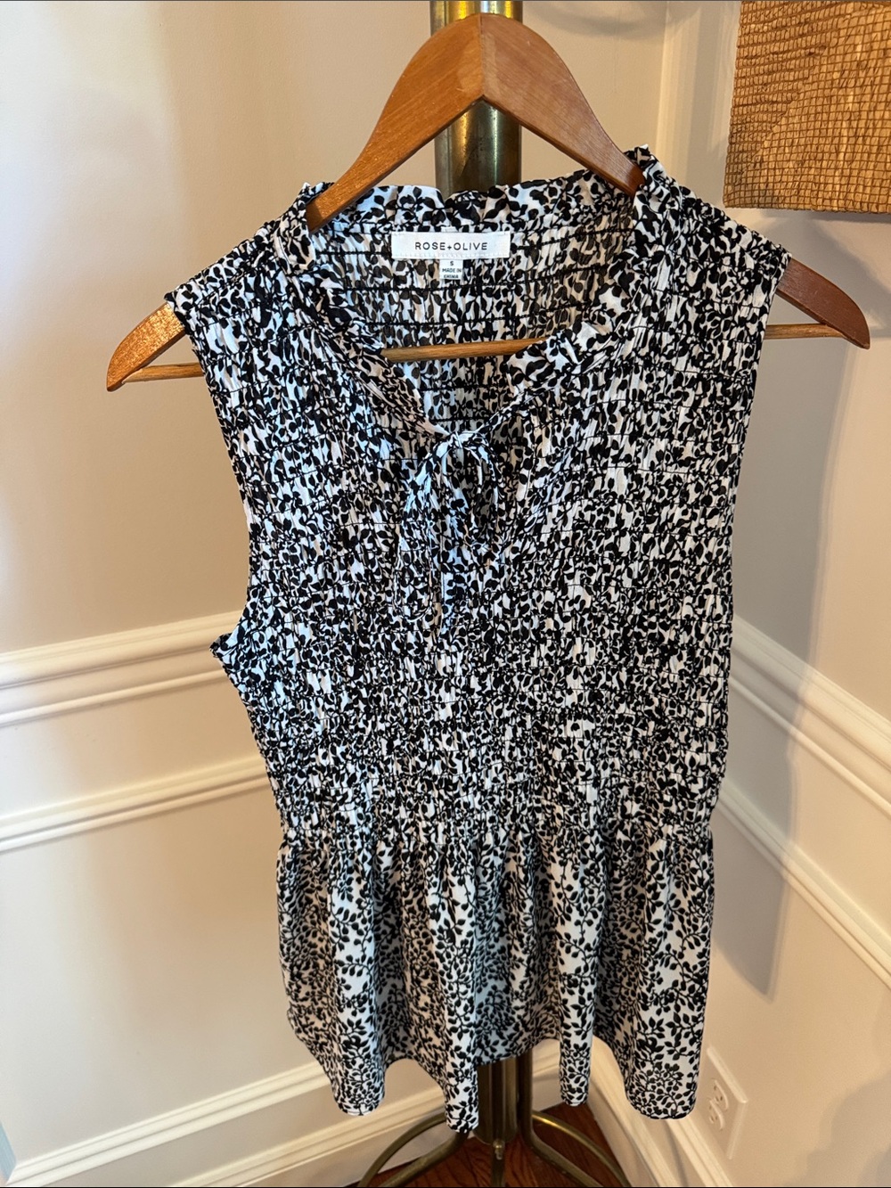 Rose & Olive Black & White Smocked Peplum Camisole